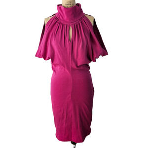 Vintage 1980s Dress fuchsia knit body con draped cowl neck sleeveless size 7/8